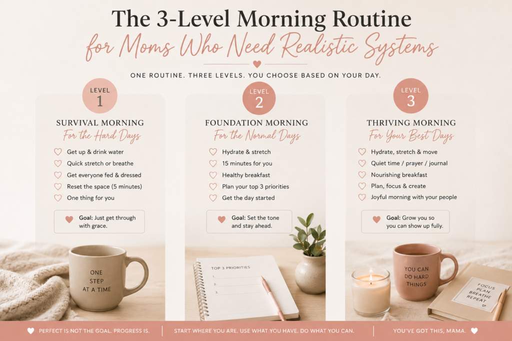 Three-level morning routine system for moms with survival, foundation, and thriving morning plans
