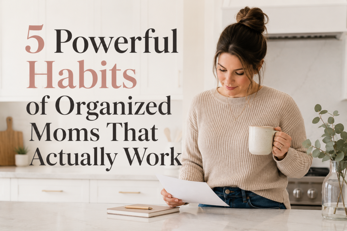 Organized mom in a modern kitchen holding a coffee mug while reviewing a paper beside the title “5 Powerful Habits of Organized Moms That Actually Work”.