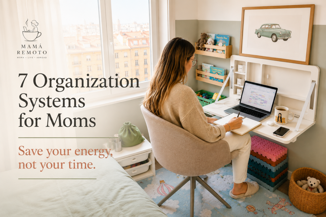 Organized mom working on a laptop in a calm home office with family schedules and storage systems.