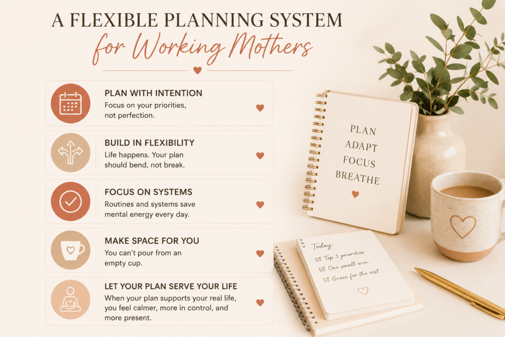 Flexible planning system for working mothers with productivity tips, planner notebooks, coffee mug, and calming workspace aesthetic.