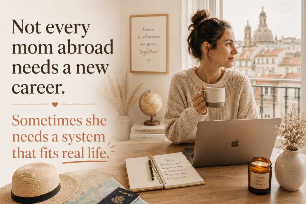 Mom working remotely abroad from home with coffee and laptop while managing family life and flexible income routines.