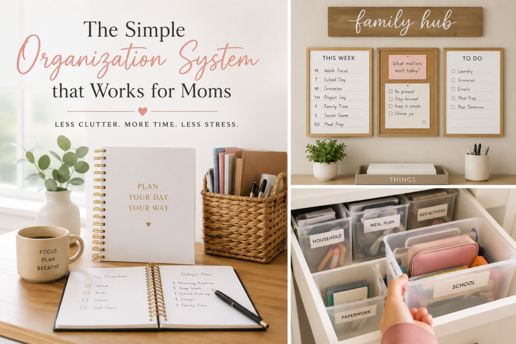 Organization system for moms with planner, family command center, and labeled home organization bins