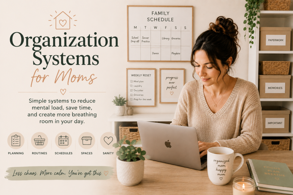 Organized mom working on a laptop in a calm home office with family schedules and storage systems.