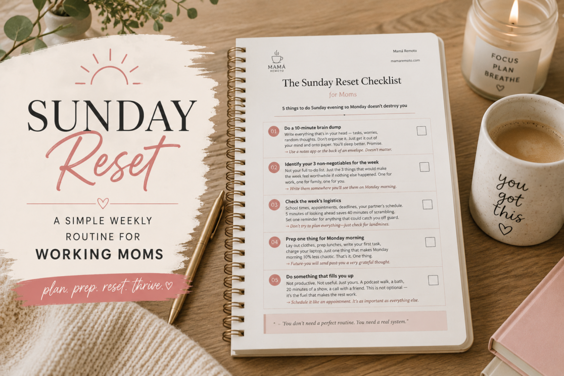 Sunday Reset checklist for working moms with weekly planning notebook, coffee and cozy workspace