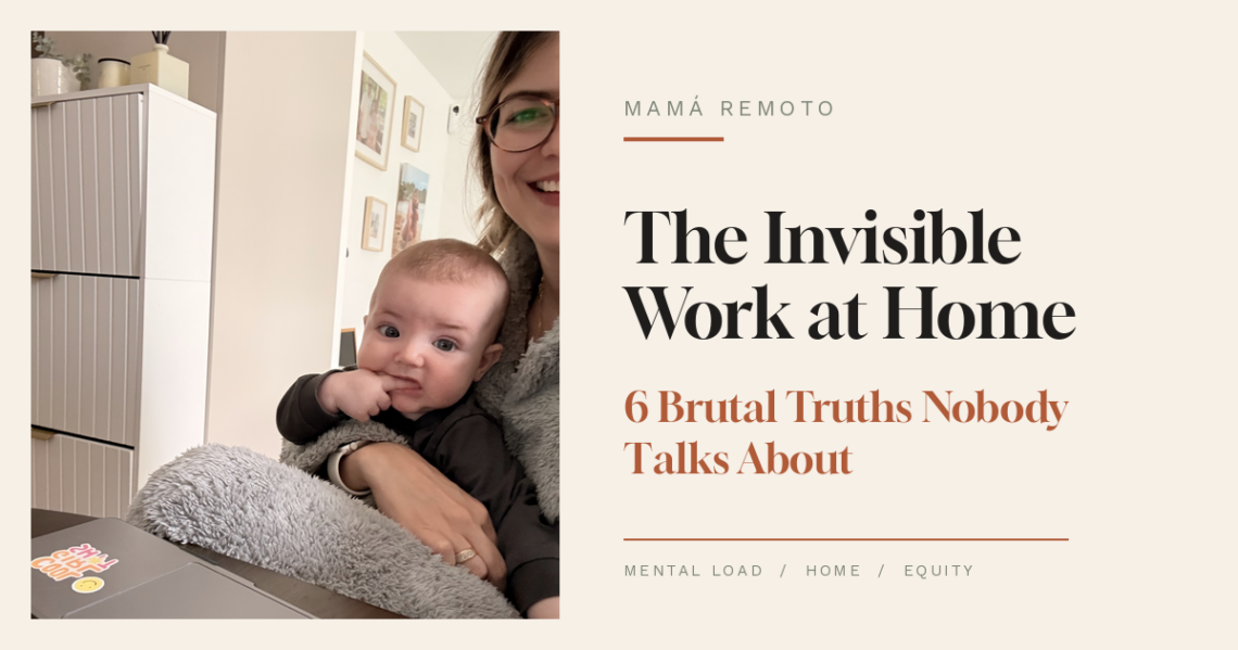 Overwhelmed mother surrounded by household tasks and mental load representing invisible domestic labour at home.