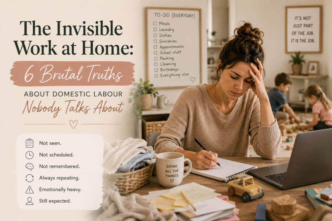 Overwhelmed mother surrounded by household tasks and mental load representing invisible domestic labour at home.