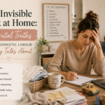 Overwhelmed mother surrounded by household tasks and mental load representing invisible domestic labour at home.