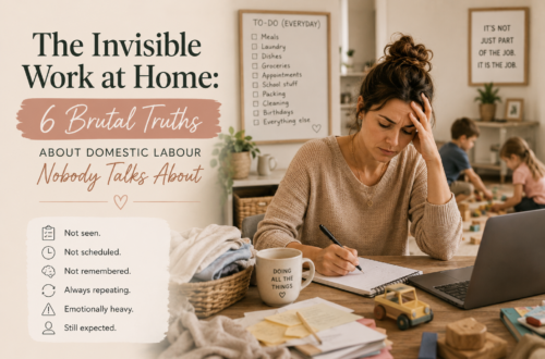 Overwhelmed mother surrounded by household tasks and mental load representing invisible domestic labour at home.