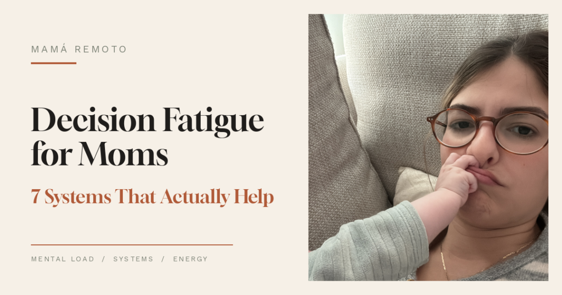 Overwhelmed mother holding her baby at night while managing household planning and mental load, representing decision fatigue for moms.