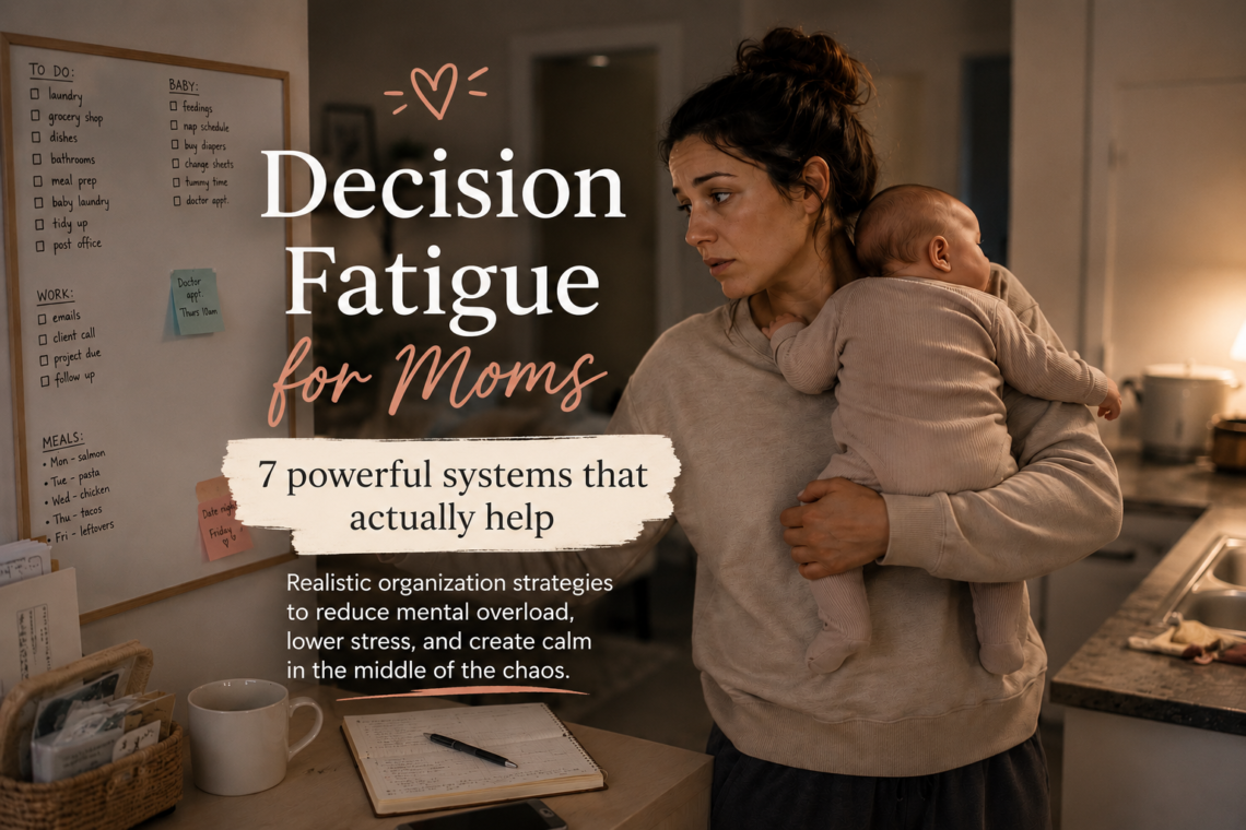 Overwhelmed mother holding her baby at night while managing household planning and mental load, representing decision fatigue for moms.