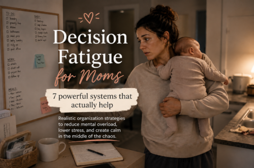 Overwhelmed mother holding her baby at night while managing household planning and mental load, representing decision fatigue for moms.
