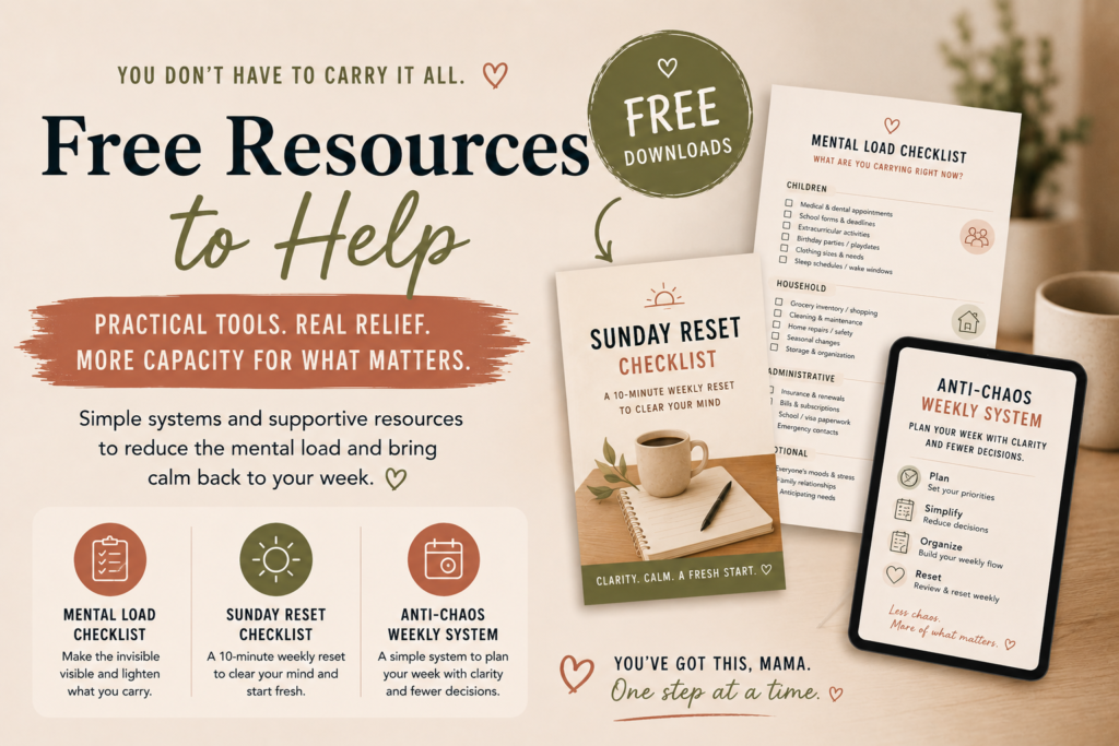 Free motherhood resources including a mental load checklist, Sunday reset checklist, and anti-chaos weekly system for overwhelmed moms