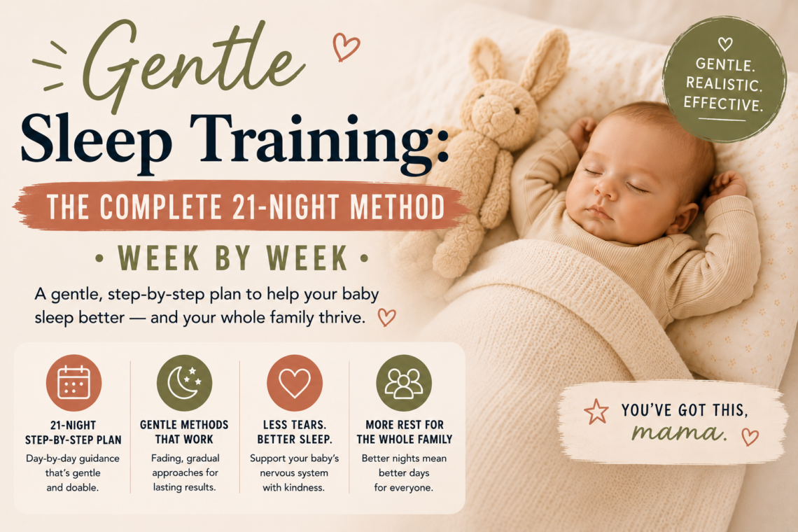 Gentle sleep training featured image with sleeping baby and 21-night step-by-step sleep method for families