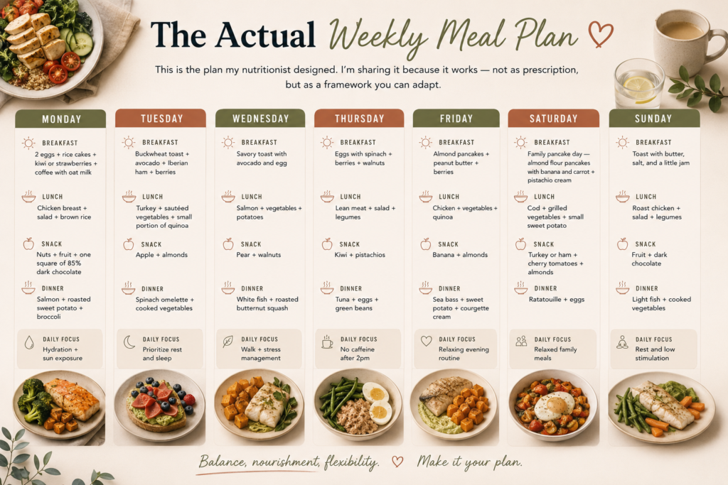 meal planning for exhausted moms with balanced breakfasts, lunches, dinners, snacks, and wellness habits for busy moms