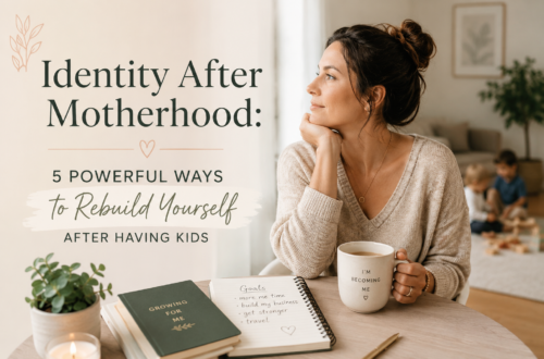 Mother sitting at a table reflecting on personal growth and identity after motherhood while her children play in the background.