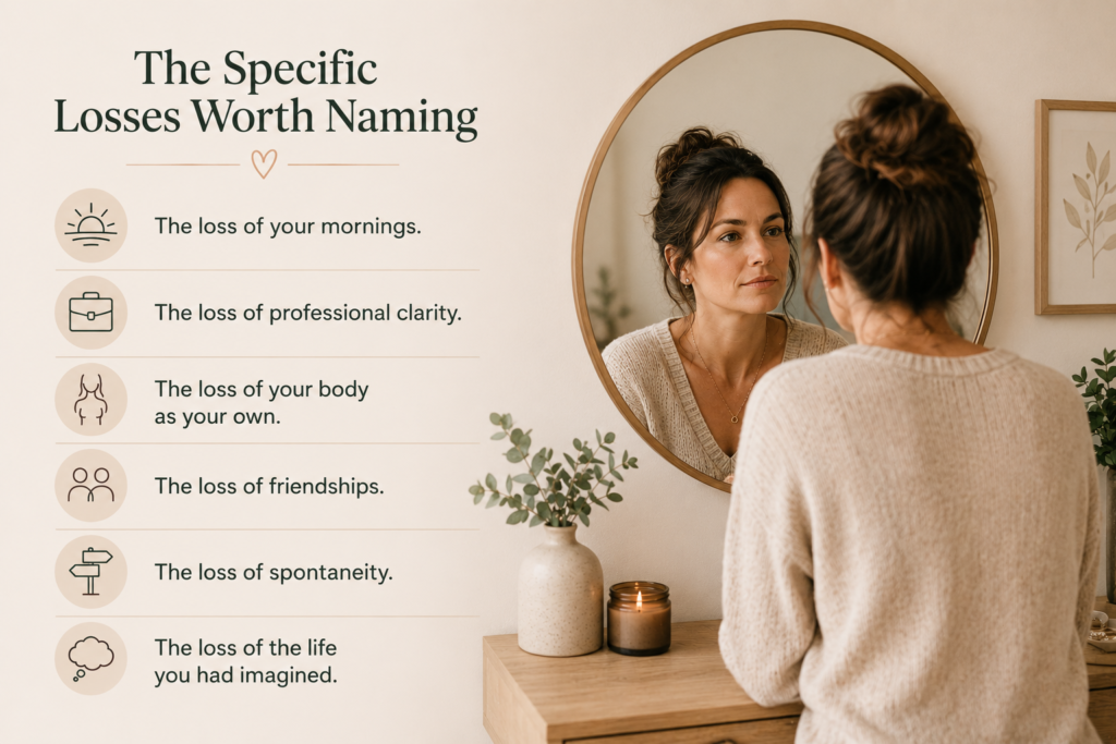 Mother looking at herself in the mirror beside a list of emotional identity losses after motherhood.