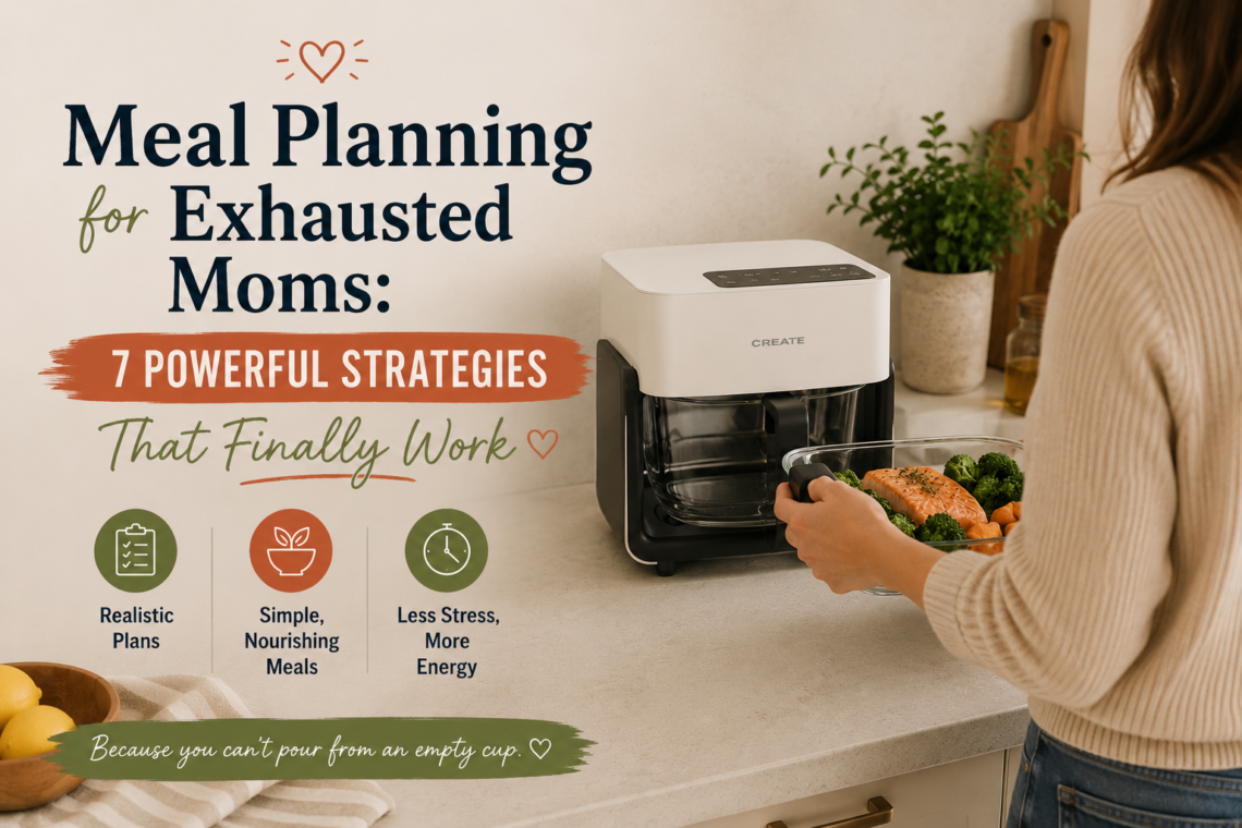 Woman placing a glass air fryer tray into a CREATE air fryer in a cozy kitchen while meal planning for family dinners