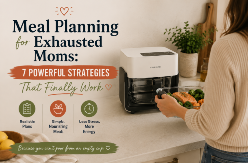 Woman placing a glass air fryer tray into a CREATE air fryer in a cozy kitchen while meal planning for family dinners