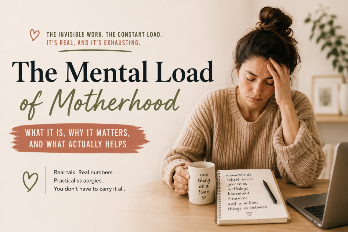Exhausted mother sitting at a table with a mental checklist, illustrating the invisible mental load of motherhood