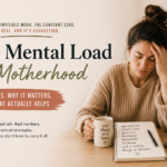 Exhausted mother sitting at a table with a mental checklist, illustrating the invisible mental load of motherhood