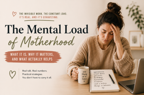 Exhausted mother sitting at a table with a mental checklist, illustrating the invisible mental load of motherhood