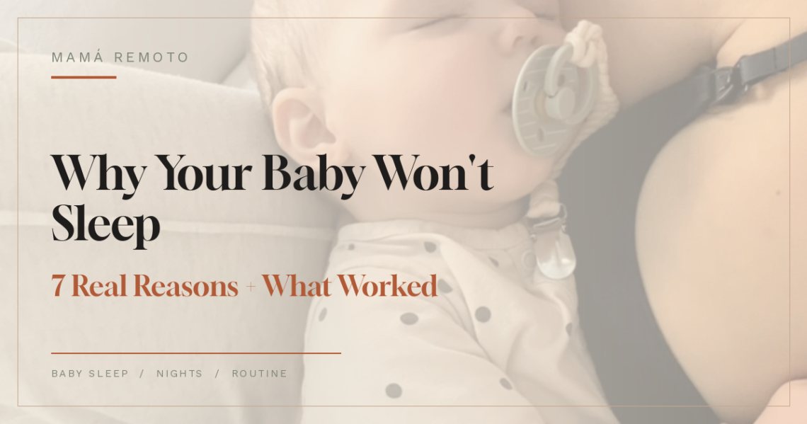 Tired mother holding awake baby during nighttime with text about real reasons babies do not sleep and practical sleep solutions for parents