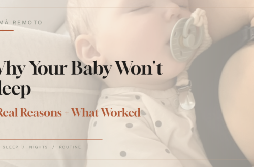 Tired mother holding awake baby during nighttime with text about real reasons babies do not sleep and practical sleep solutions for parents