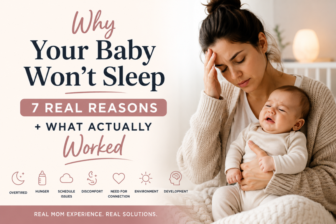 Tired mother holding awake baby during nighttime with text about real reasons babies do not sleep and practical sleep solutions for parents