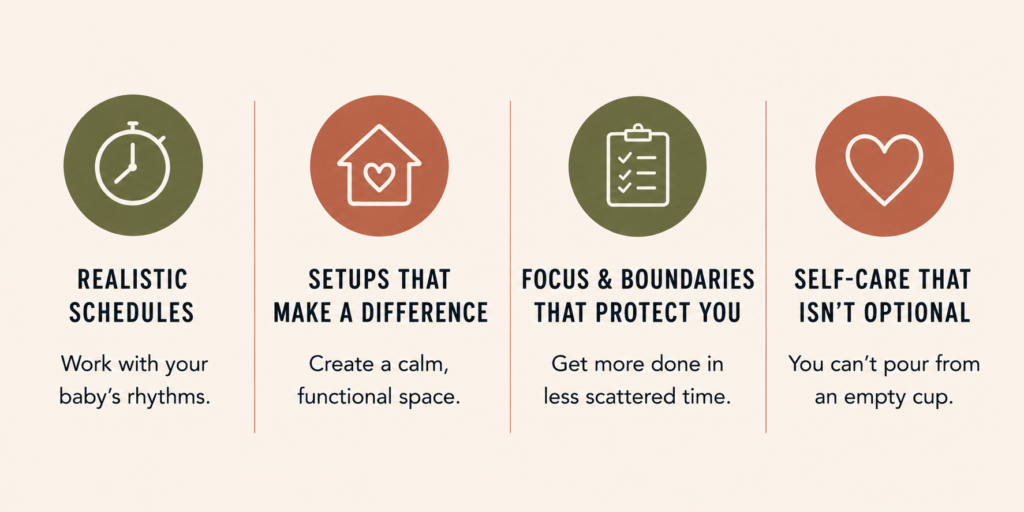 Infographic with realistic work from home mom strategies including flexible schedules, productive setups, boundaries, and self-care