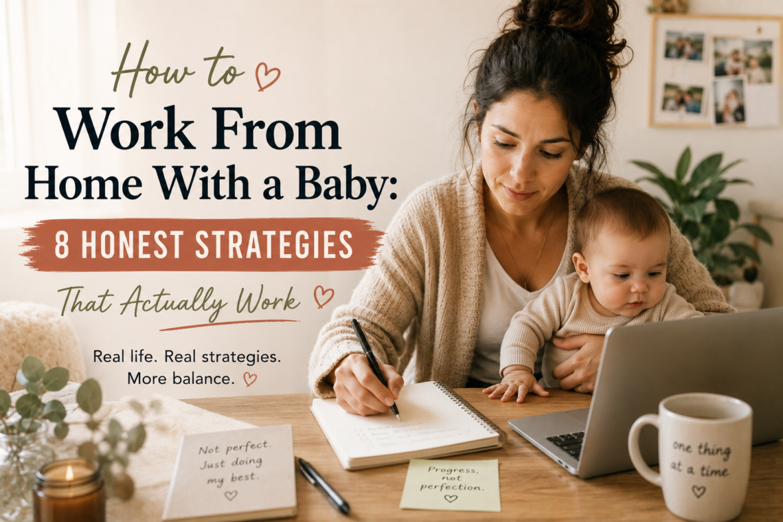 Mother working remotely from home with a baby on her lap while planning her workday