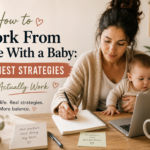 Mother working remotely from home with a baby on her lap while planning her workday