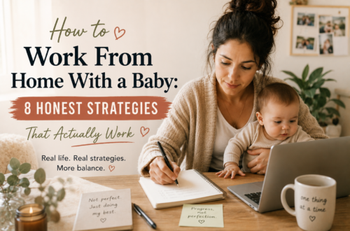 Mother working remotely from home with a baby on her lap while planning her workday