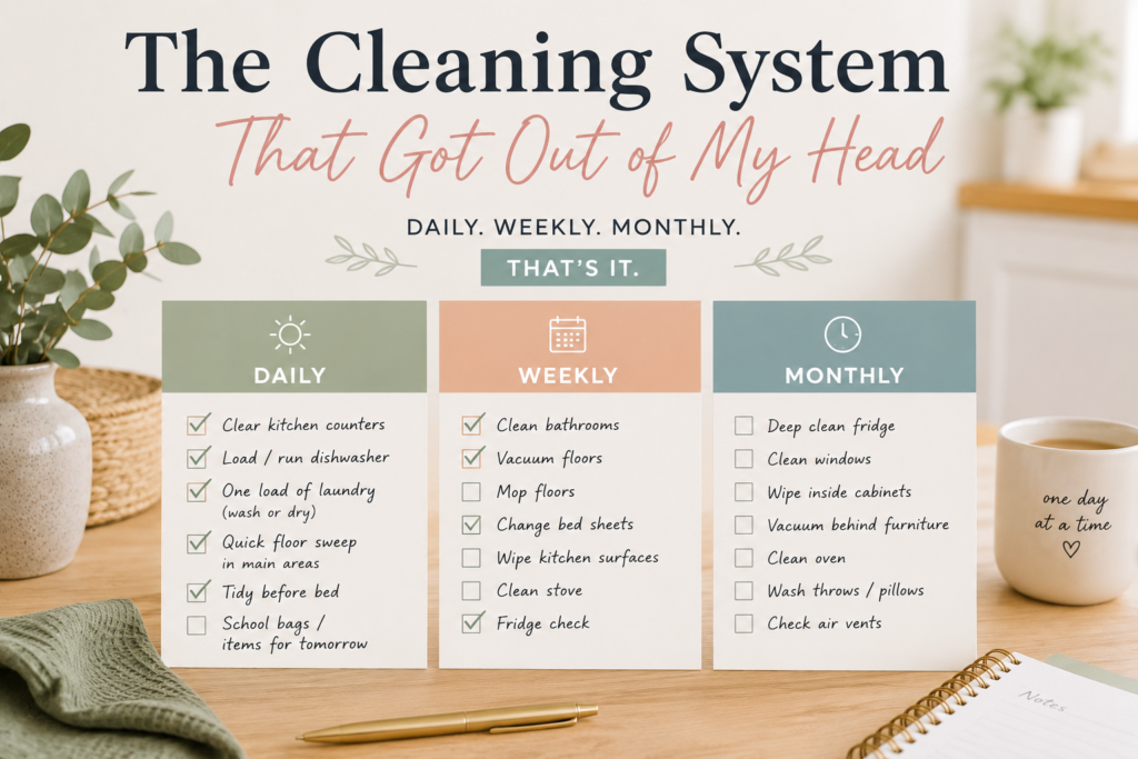 Cleaning schedule for moms with daily weekly and monthly household cleaning system checklist