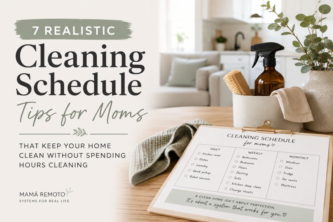Cleaning schedule for moms with daily weekly and monthly cleaning checklist in a modern family home