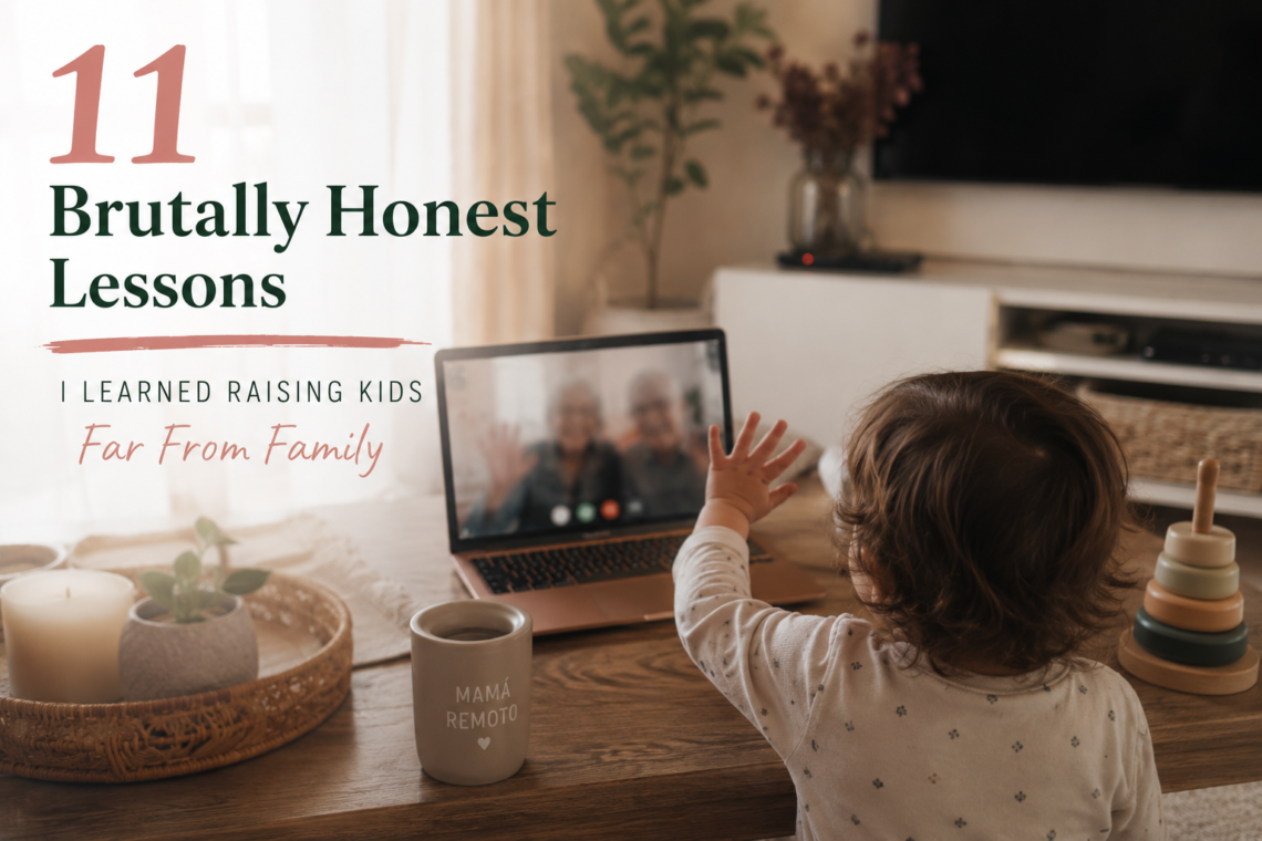 Toddler video calling grandparents while raising kids far from family as a remote working mom.