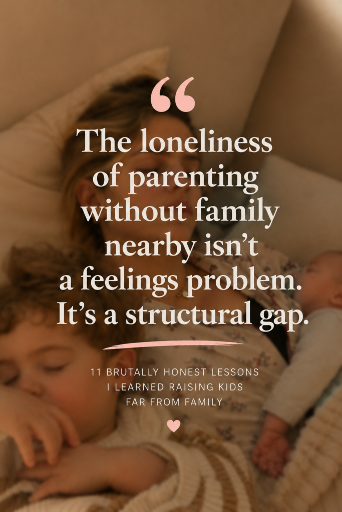 Mother resting with her children while reflecting on raising kids far from family without nearby family support.