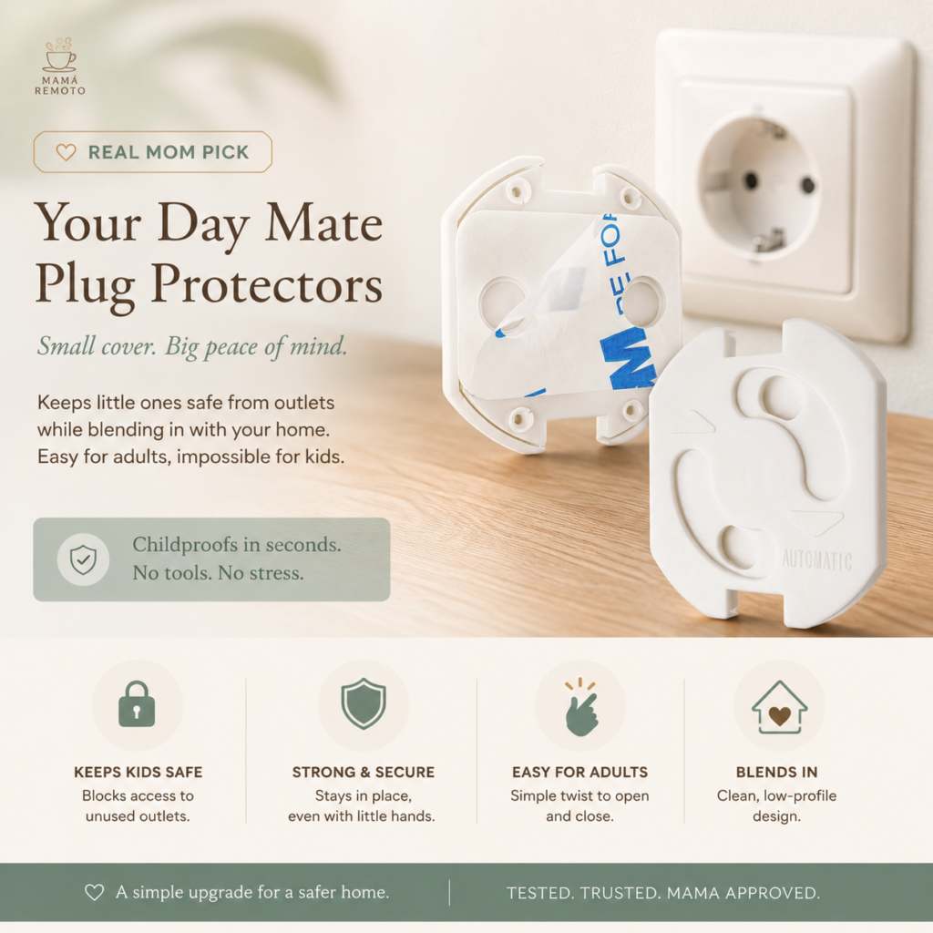 Childproof outlet covers installed on European electrical outlets to help keep babies and toddlers safe from exposed sockets.