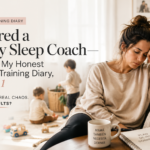 Sleep-deprived mom resting on the couch while her children play nearby during the morning before working with a baby sleep coach.