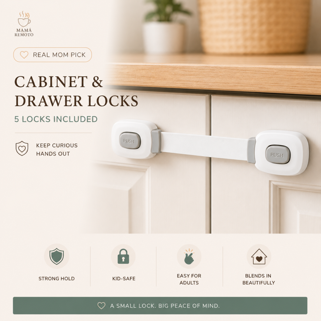 Childproof cabinet and drawer lock installed horizontally across two cabinet doors to prevent babies and toddlers from opening them.