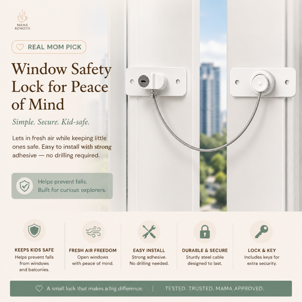 Childproof window safety lock with steel cable installed on a window to prevent babies and toddlers from opening it too far while allowing fresh air inside.