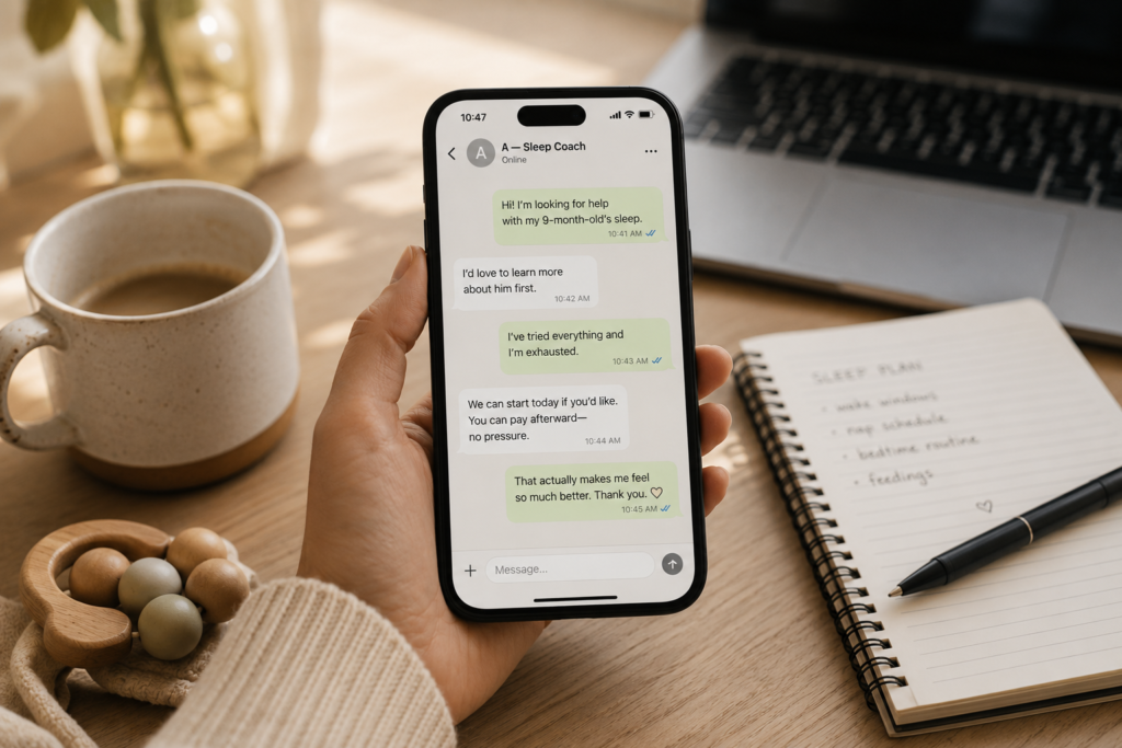Mockup of a supportive chat conversation with a baby sleep coach while choosing a personalized sleep training plan.