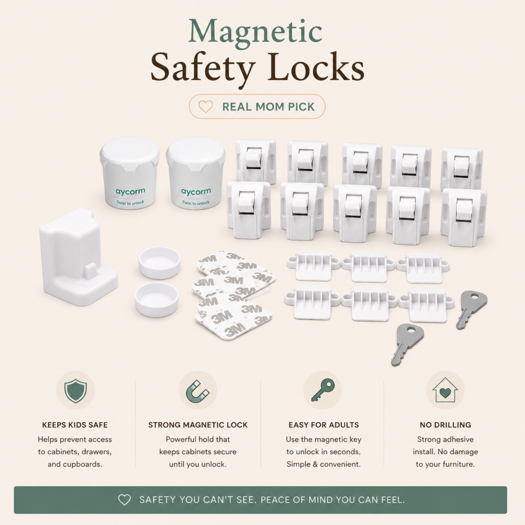 Magnetic child safety cabinet locks with magnetic keys, adhesive pads, and installation accessories for baby proofing cabinets and drawers.