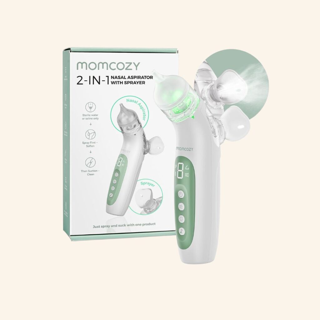 Momcozy electric baby nasal aspirator with adjustable suction for clearing newborn and baby congestion.