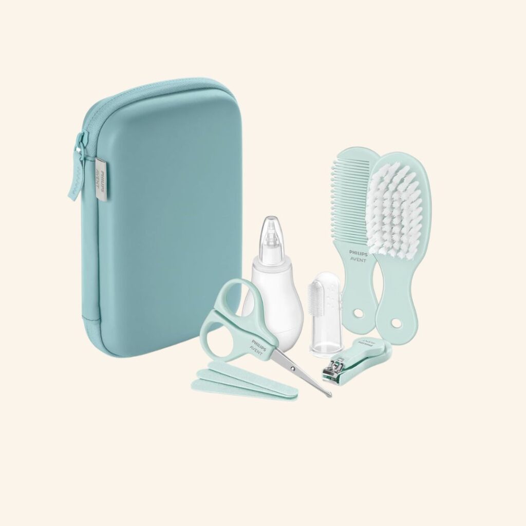 Philips Avent baby healthcare kit with nail clippers, brush, comb and nasal aspirator used daily during the first year.