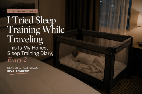 Sleep training while traveling with a baby sleeping in a travel crib in a dark hotel room.
