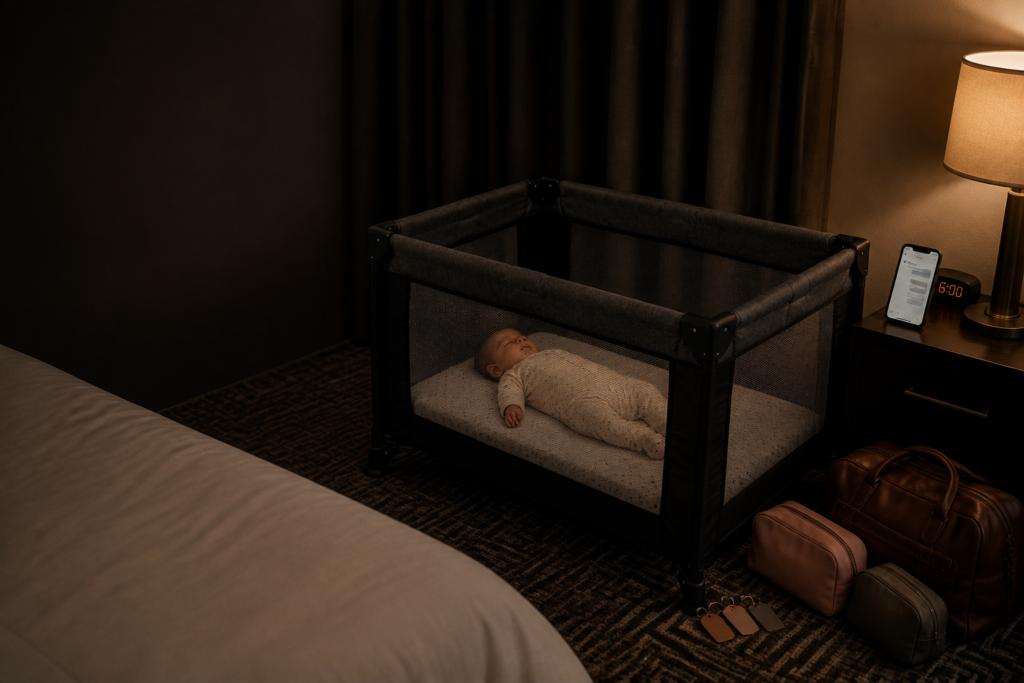 Baby sleeping in a travel crib beside blackout curtains during sleep training while traveling.